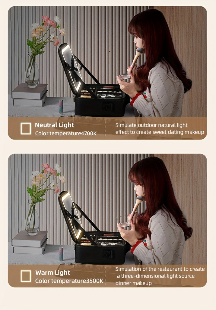 Elegant USB Rechargeable Makeup Bag for Women: Waterproof with LED Mirror, Adjustable Dividers - Ultimate Beauty Organizer