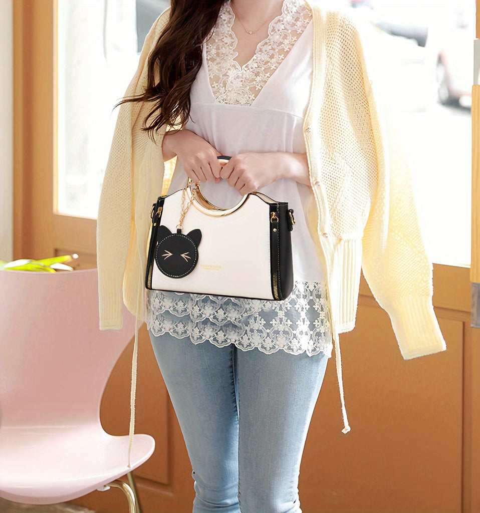 Color Contrast Handbag For Women, Trendy PU Leather Shoulder Purse, Versatile Crossbody Bag With Cute Cat Coin Purse