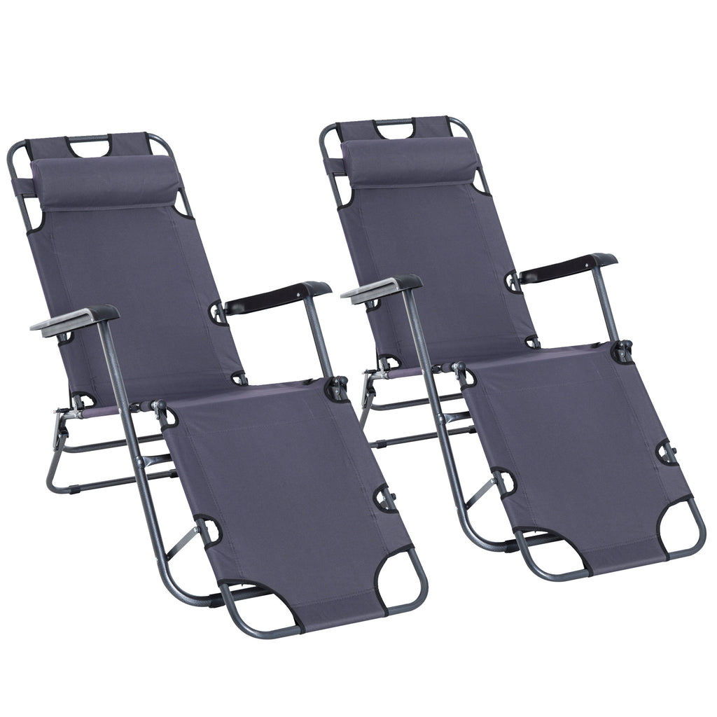 DodiOnline 2 Pieces 2 in 1 Sun Lounger Folding Reclining Chair Garden Outdoor Camping Adjustable Back with Pillow, Grey