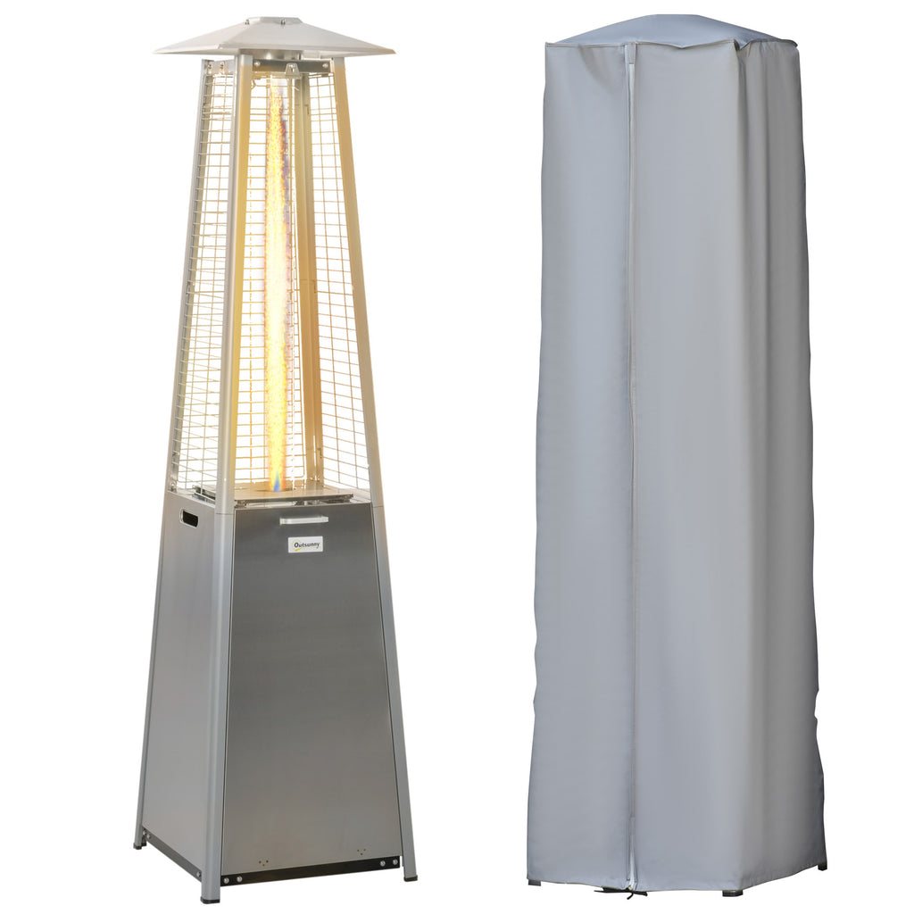 DodiOnline 11.2KW Outdoor Patio Gas Heater Stainless Steel Pyramid Propane Heater Garden Freestanding Tower Heater with Wheels, Dust Cover, Regulator and Hose, Silver