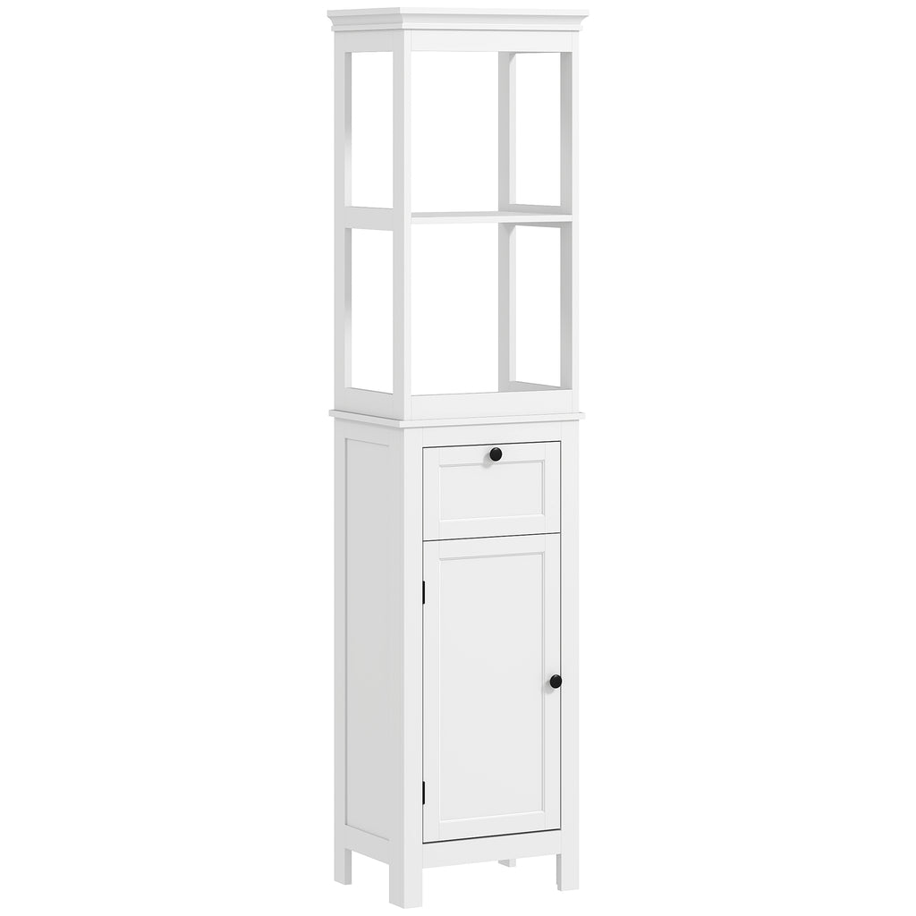 DodiOnline Tall Bathroom Cabinet, Slim Bathroom Storage Cabinet with 2 Open Shelves, Soft Close Door and Drawer, Adjustable Shelf, Narrow Cupboard Storage Unit, White