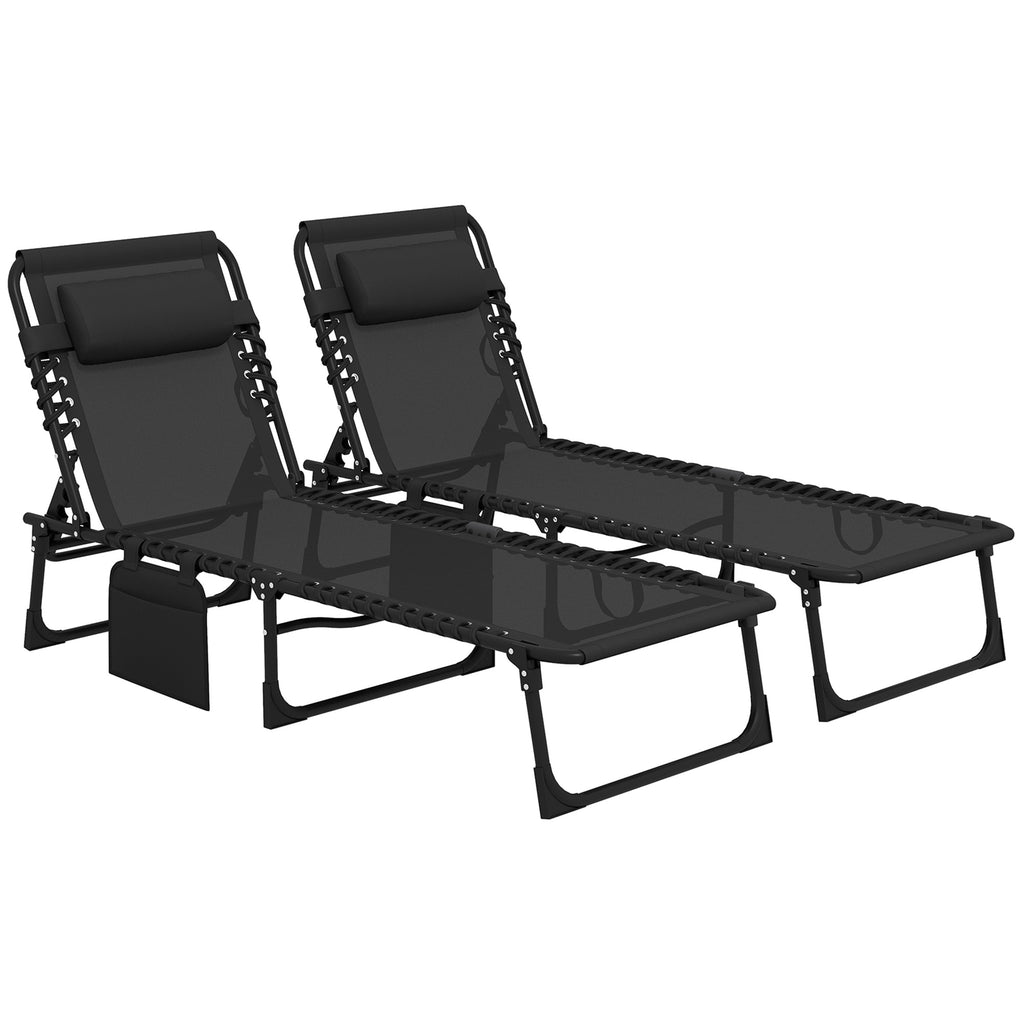 DodiOnline Portable Sun Lounger Set of 2, Folding Camping Bed Cot, Reclining Lounge Chair 5-position Adjustable Backrest with Side Pocket, Pillow for Patio Garden Beach Pool, Black
