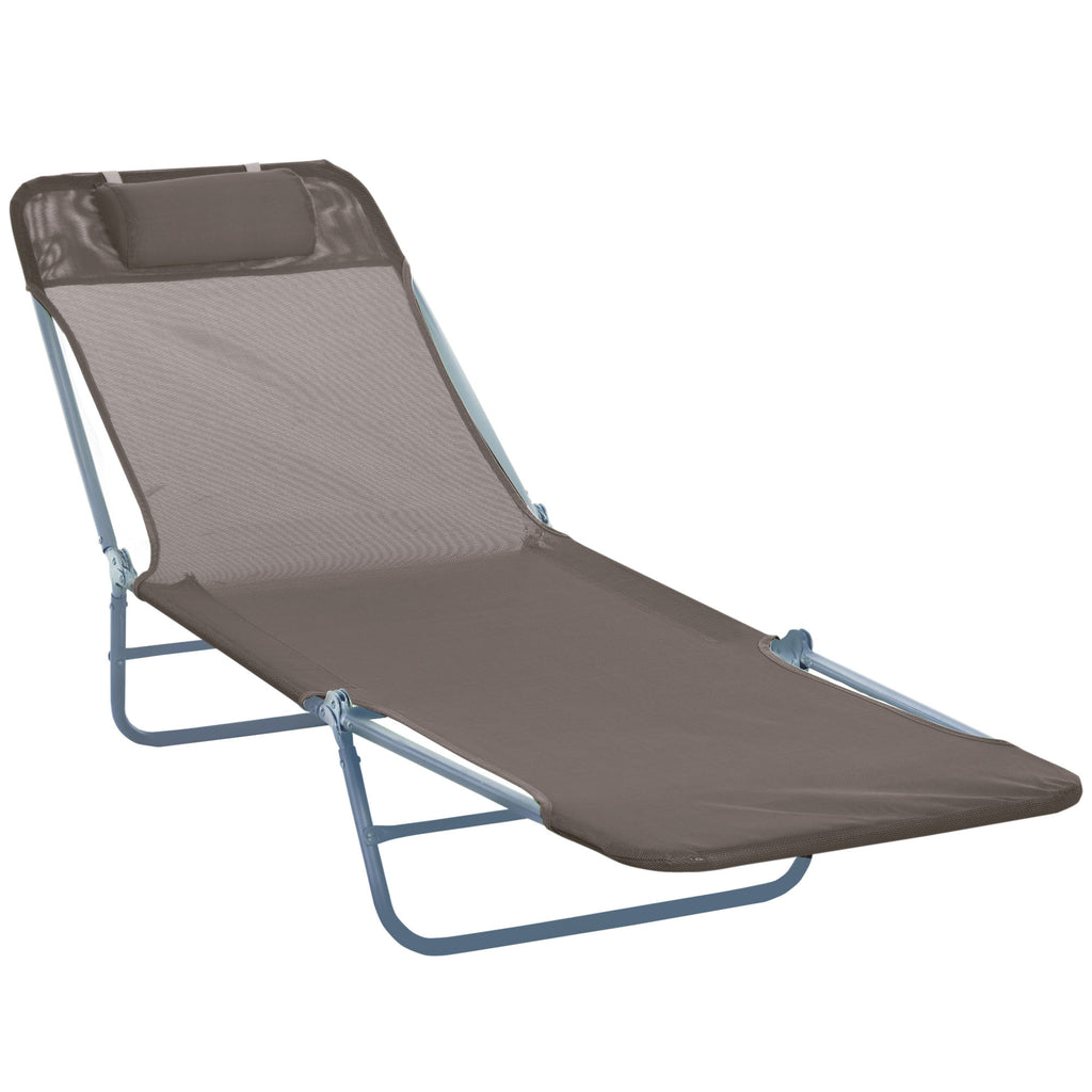 DodiOnline Outdoor Foldable Sun Lounger, Adjustable Backrest Garden Recliner Sun Lounger Chair with Headrest Pillow, Coffee