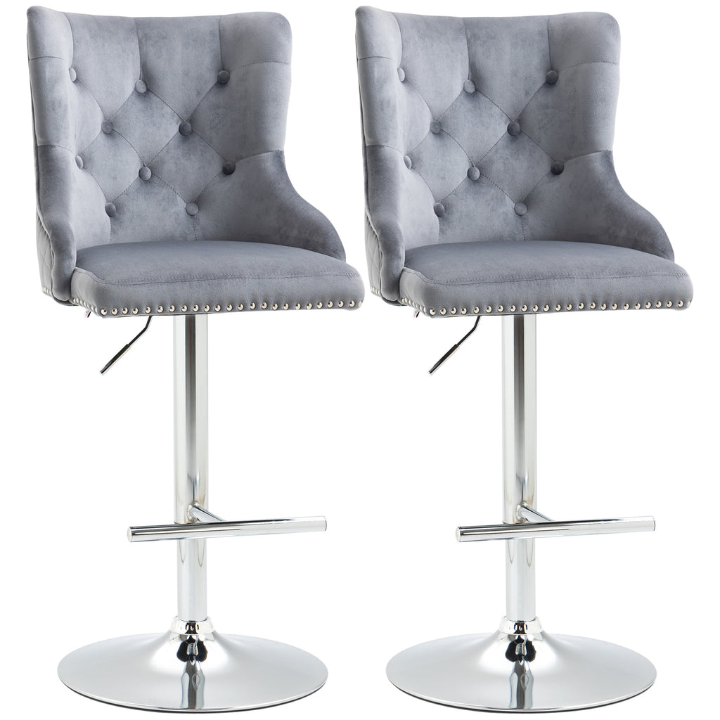 DodiOnline Modern Adjustable Bar Stools Set of 2, Swivel Velvet Barstools with Button Tufted Back, Footrest, Nailhead Trim for Home Bar, Grey
