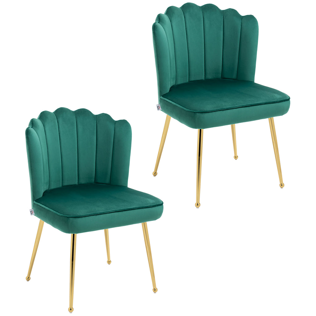 DodiOnline Shell Dining Chairs Set of 2, Upholstered Kitchen Chairs with Gold Metal Legs and Backrest, Velvet Fabric Lounge Leisure Chairs for Living Room, Reception Room, Green