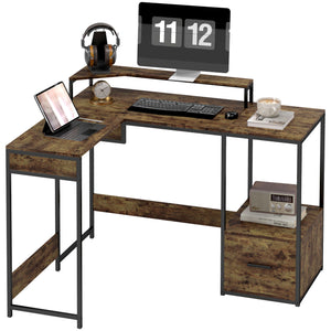 DodiOnline L Shaped Desk, Computer Desk with Liftable Desktop, Industrial Corner Desk with Drawer for A4/Letter Size, Home Office Desk with Monitor Stand for Home Office, Rustic Brown