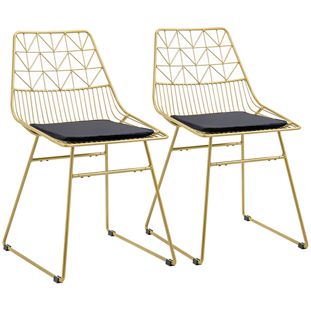 DodiOnline Luxurious Dining Chairs Set of 2, Metal Wire Kitchen Chair with Removable Velvet-feel Cushion, Cut-out Back and Steel Frame for Dining Room, Gold Tone