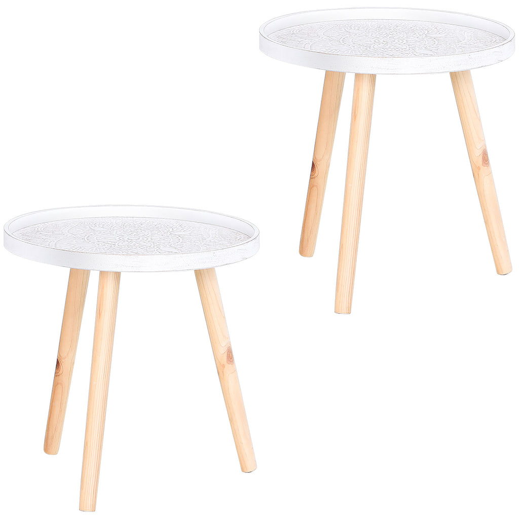 DodiOnline Coffee Table, Carved Floral Round Table with Tray-style Top and Wood Legs, Modern Side Table for Living Room, Set of 2, White