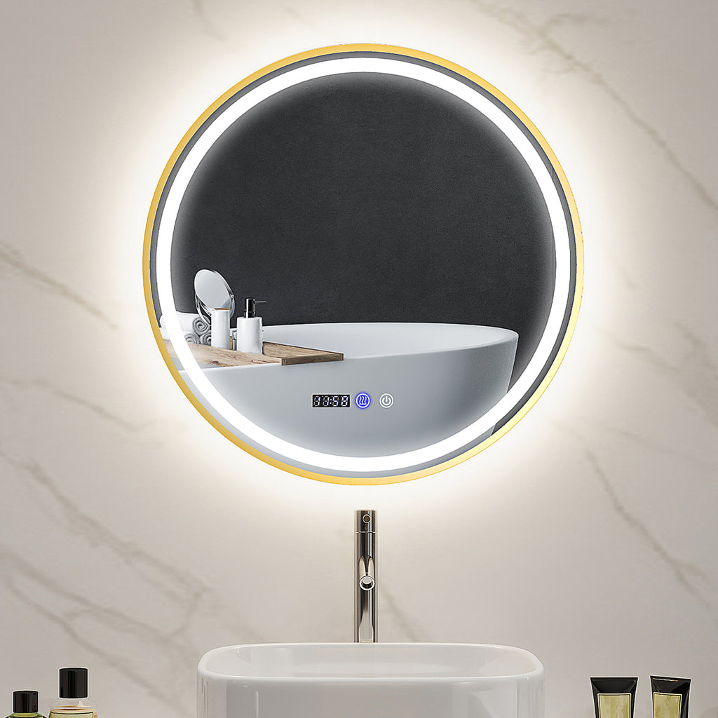 DodiOnline Round Bathroom Mirror with LED Lights, 600mm Backlit Illuminated Bathroom Mirror, Dimmable Wall Mounted Vanity Mirror with Demister Pad, Touch Switch, Time and Temp Display, Gold Tone