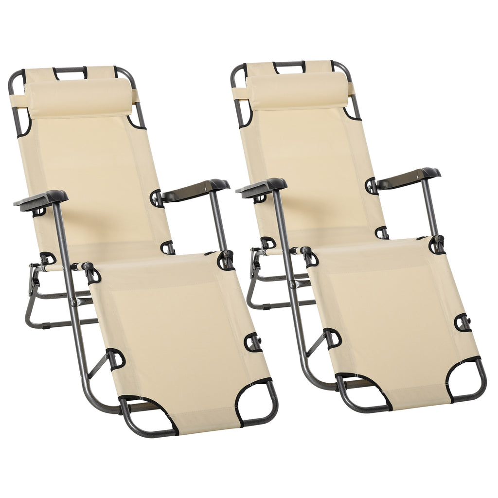 DodiOnline 2 Pieces 2 in 1 Sun Lounger Folding Reclining Chair Garden Outdoor Camping Adjustable Back with Pillow, Beige