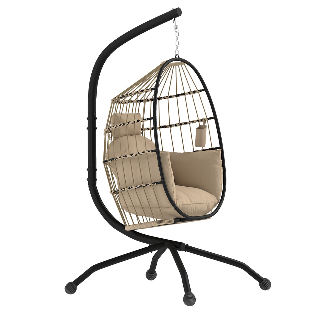 DodiOnline Hanging Egg Chair Outdoor Indoor Garden Swing Chair with Folding Basket and Thickened Cushion, Garden Hanging Chair with Stand, Headrest, Cup Holder for Patio, Balcony, Khaki