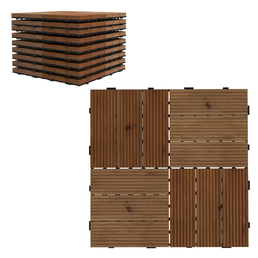 DodiOnline 9 Pcs Garden Decking Tiles Wooden Outdoor Flooring Tiles for Patio, Balcony, Terrace, Hot Tub, Brown