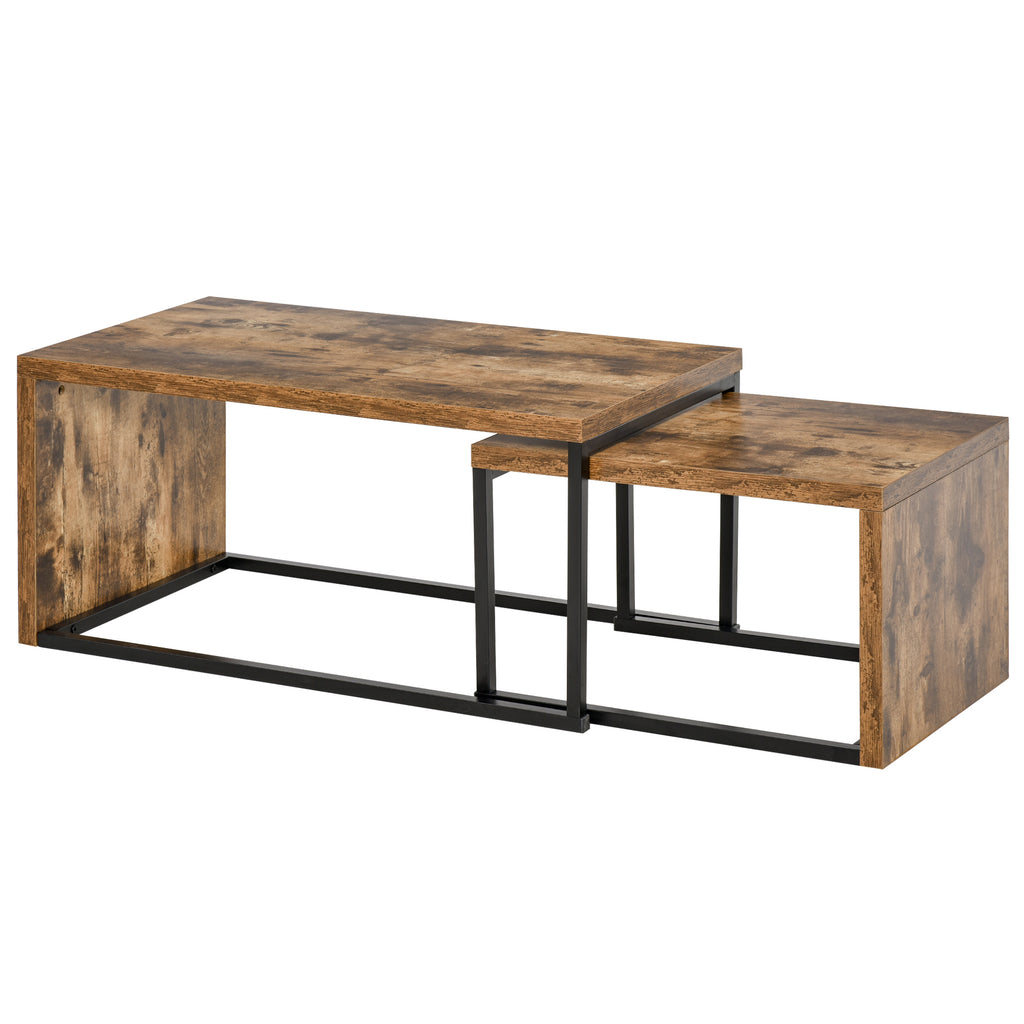 DodiOnline Coffee Tables Nesting Table Set of 2 Side Table w/ Metal Frame for Living Room Bedroom Black & Brown
