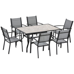 DodiOnline 7 Pieces Garden Dining Set, 6 Seater Garden Table and Chairs with Parasol Hole, Outdoor Furniture Armchairs and Stone-like Plastic Top Table with Breathable Mesh Fabric Seat, Grey