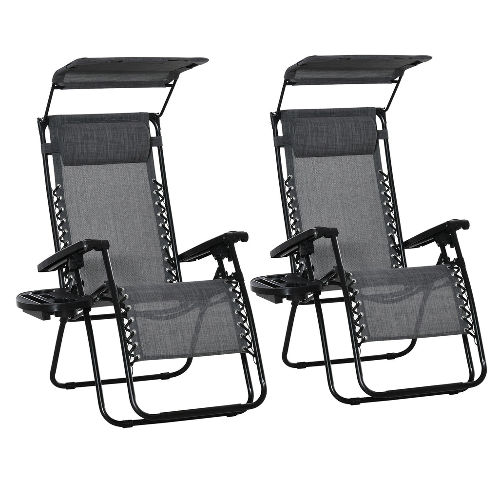 DodiOnline 2 Piece Foldable Reclining Garden Chair with Headrest, Zero Gravity Deck Sun Lounger Seat Chair with Footrest, Armrest, Cup Holder & Canopy Shade, Light Grey