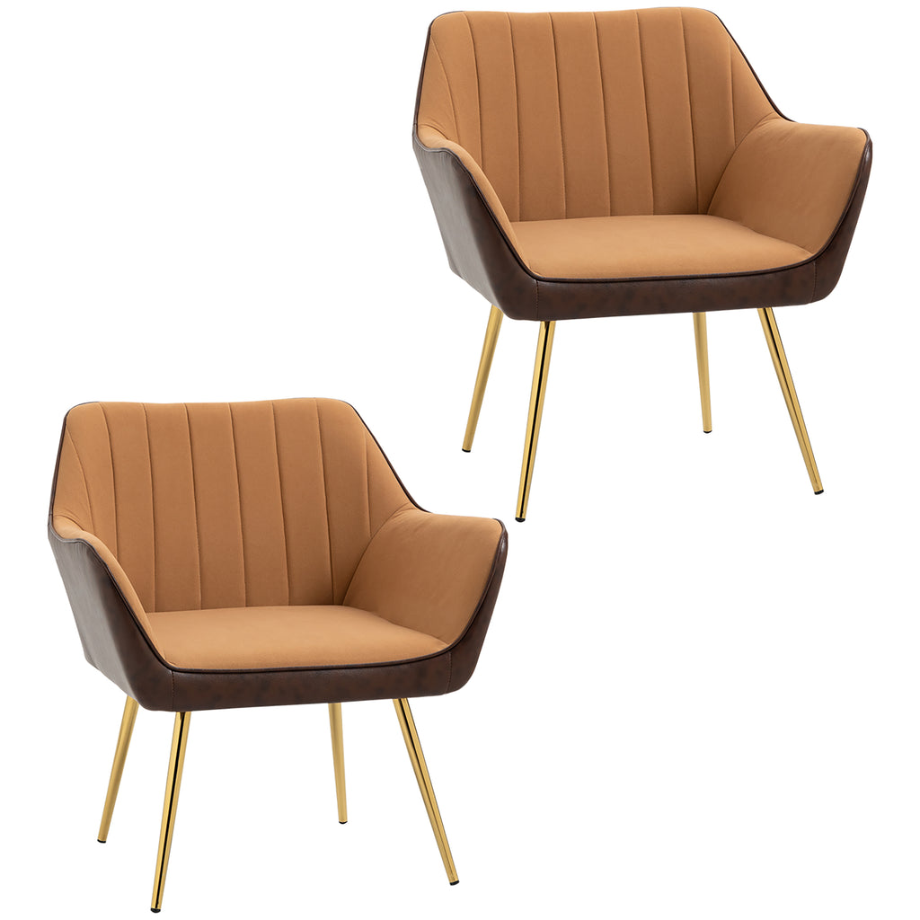 DodiOnline Velvet Armchairs, Upholstered Accent Chairs with Golden Steel Legs, Modern Vanity Chairs for Living Room and Bedroom, Set of 2, Light Brown