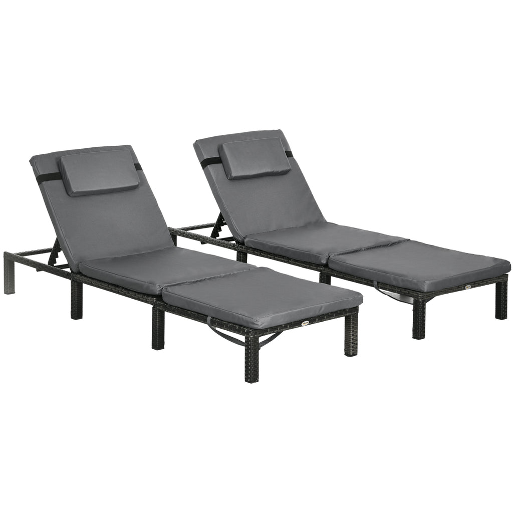 DodiOnline Set of Two Reclining Rattan Sun Loungers, with Cushions - Grey