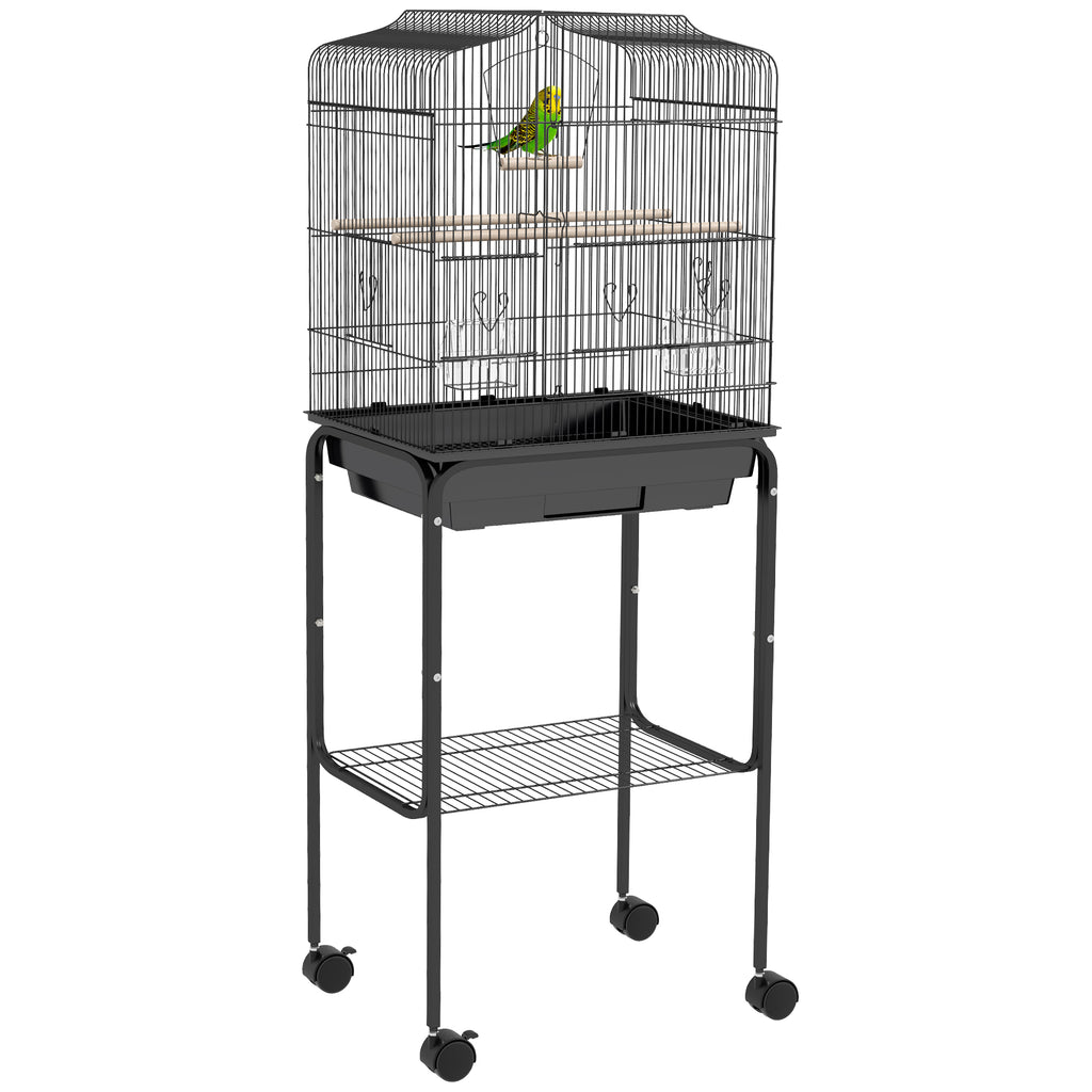 PawHut Bird Cage Budgie Cages for Finch Canary Parakeet with Stand Wheels Slide-out Tray Accessories Storage Shelf, Black