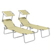 DodiOnline Outdoor Foldable Sun Lounger Set of 2, 4 Level Adjustable Backrest Reclining Sun Lounger Chair with Angle Adjust Sun Shade Awning for Beach, Garden, Patio, Beige