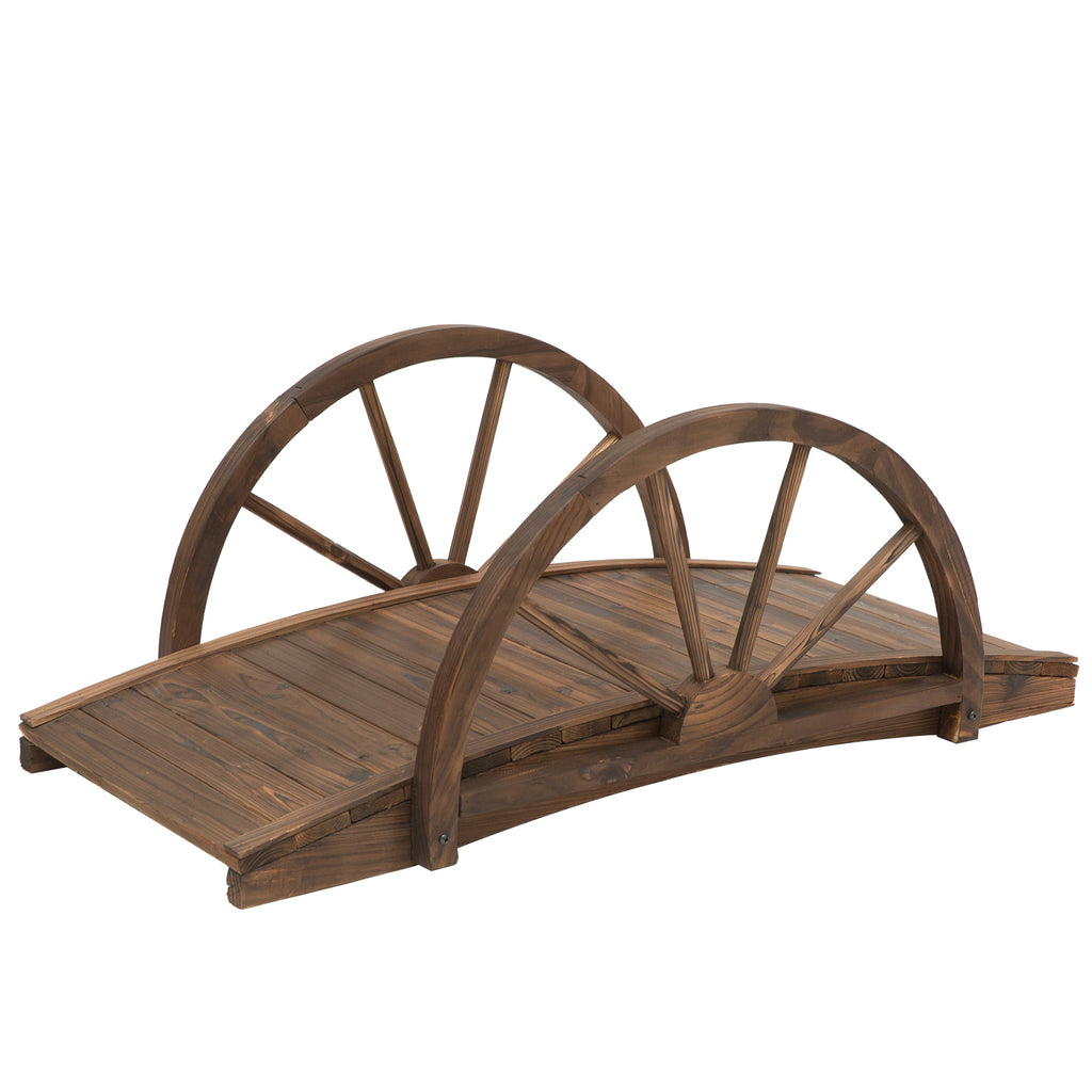 DodiOnline Wooden Garden Bridge Lawn Décor Stained Finish Arc Outdoor Pond WalkwayYard Decoration Half Wheeled Railings 100L x 50W x 37Hcm