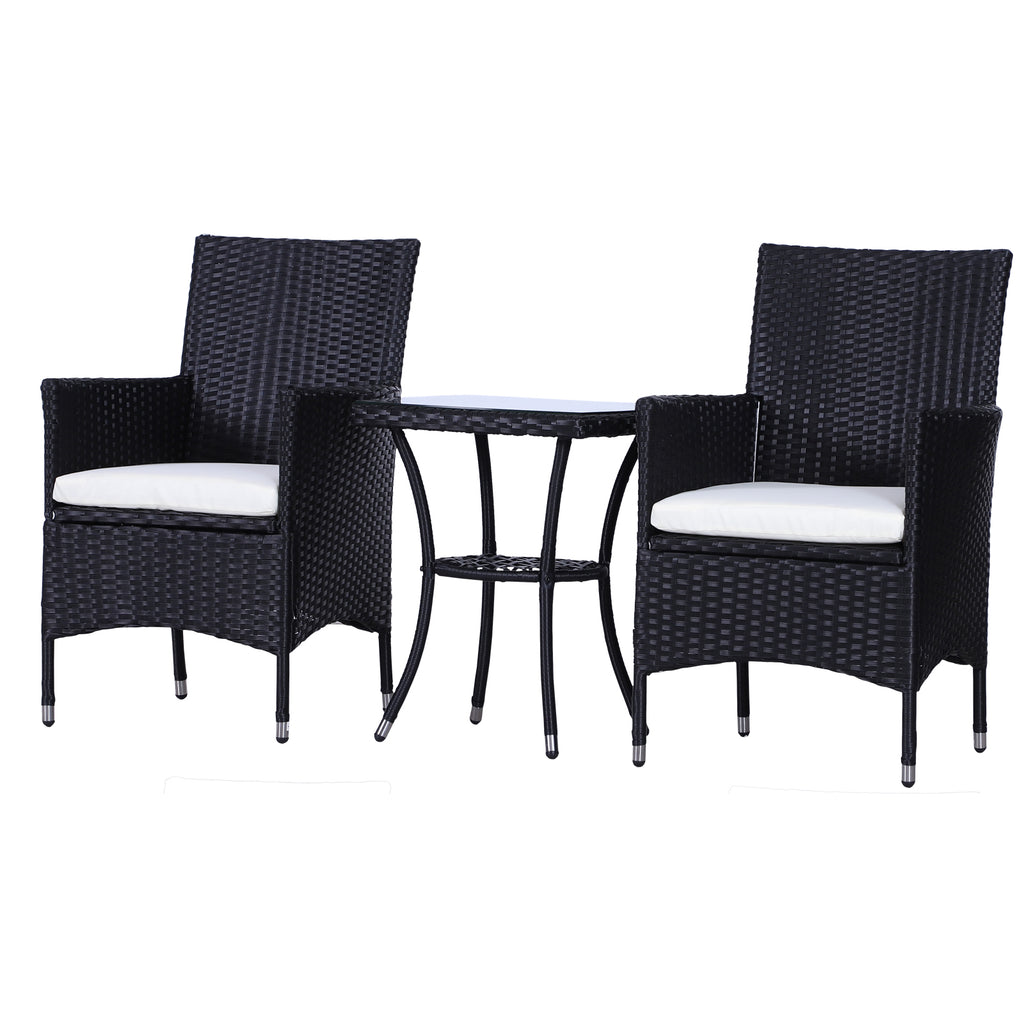 DodiOnline 3 Pieces Rattan Bistro Set, Wicker Outdoor Furniture Set with 2-Tier Coffee Table and Chairs, Cushions, for Outdoor Patio Balcony, Black