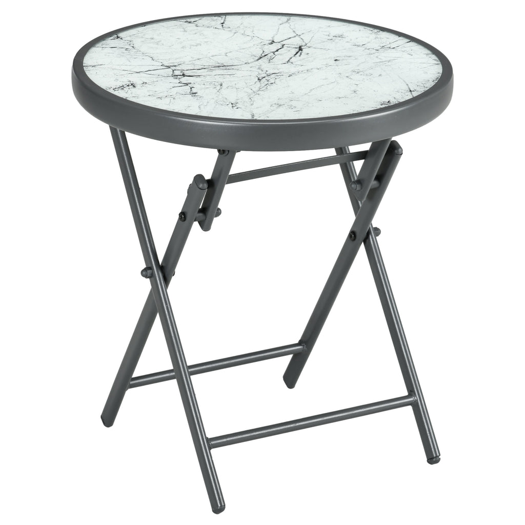 DodiOnline ?45cm Garden Side Table, Outdoor Round Folding Patio Table with Imitation Marble Glass Top, Small Coffee Table, White