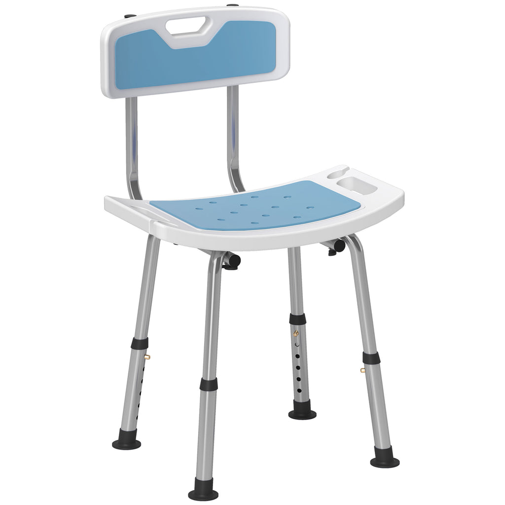 DodiOnline Shower Stool with Backrest, Height Adjustable Shower Chair with Anti-slip Foot Pads, Shower Head Holder, Light Blue