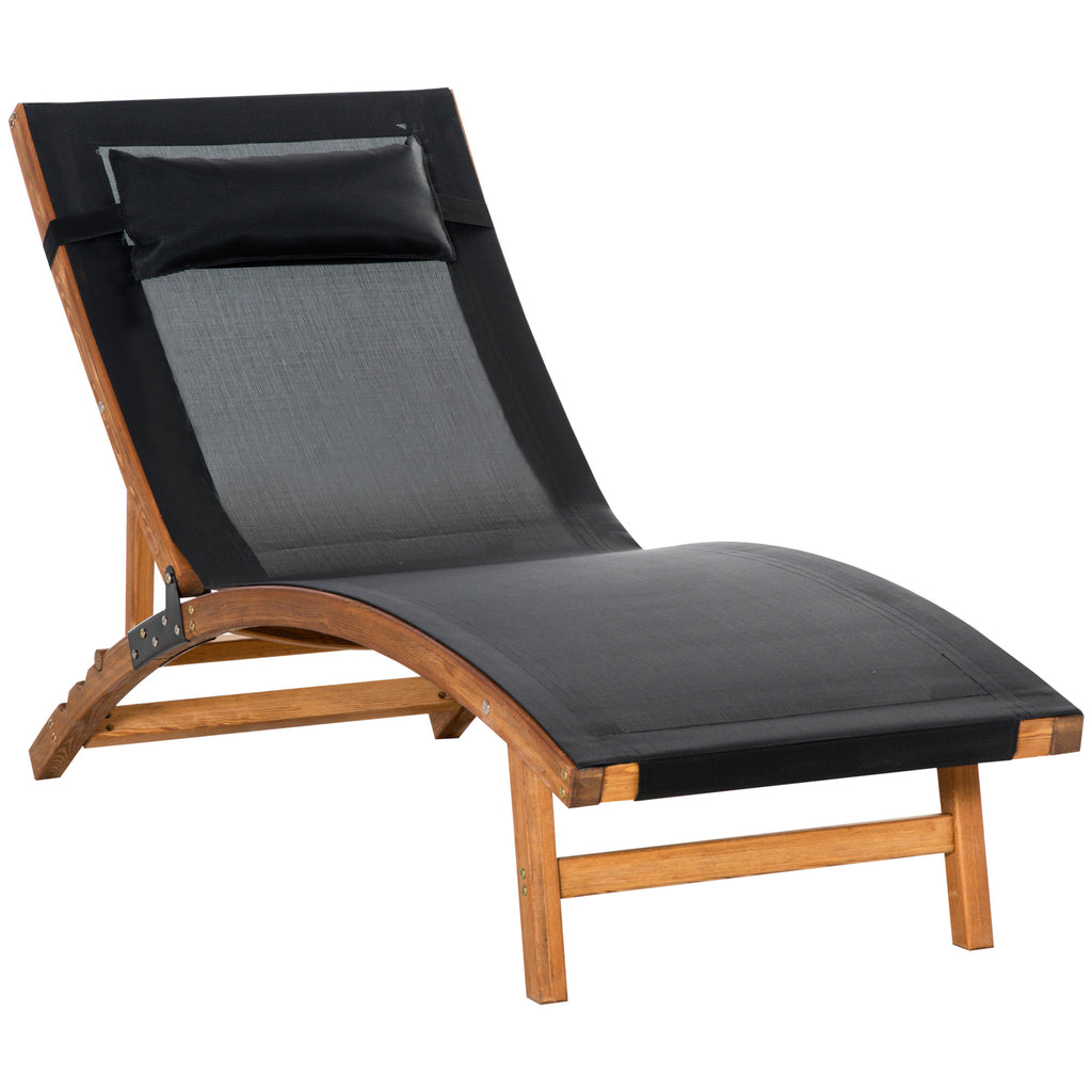 DodiOnline Ergonomic Patio Lounge Chair Wooden Outdoor Chaise w/ 3 Adjustable Back and Removable Headrest Pillow for Garden Black