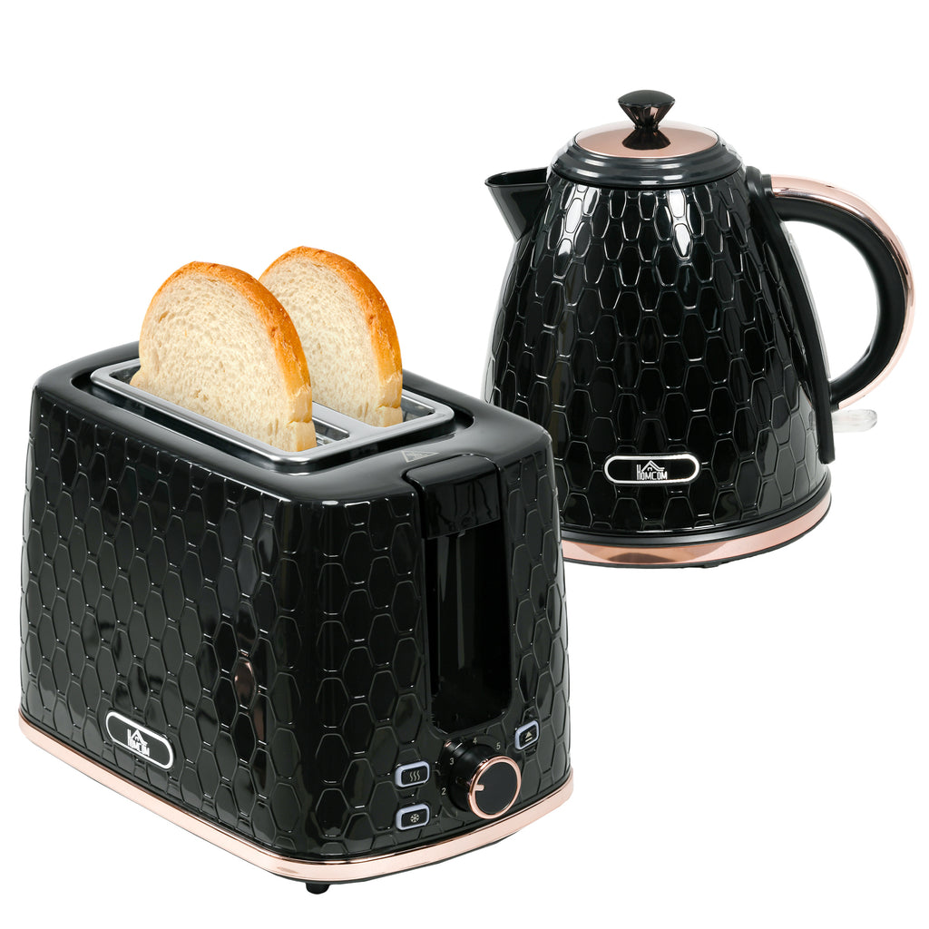 DodiOnline 1.7L 3000W Fast Boil Kettle & 2 Slice Toaster Set, Kettle and Toaster Set with Auto Shut Off, Browning Controls, Black
