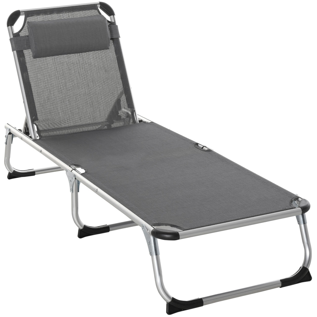 DodiOnline Foldable Outdoor Sun Lounger, Reclining Lounge Chair Camping Bed Cot with Pillow 4-Level Adjustable Back Aluminium Frame, Dark Grey