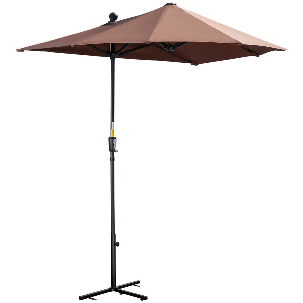 DodiOnline 2m Half Parasol Market Umbrella Garden Balcony Parasol with Crank Handle, Base, Double-Sided Canopy, Coffee