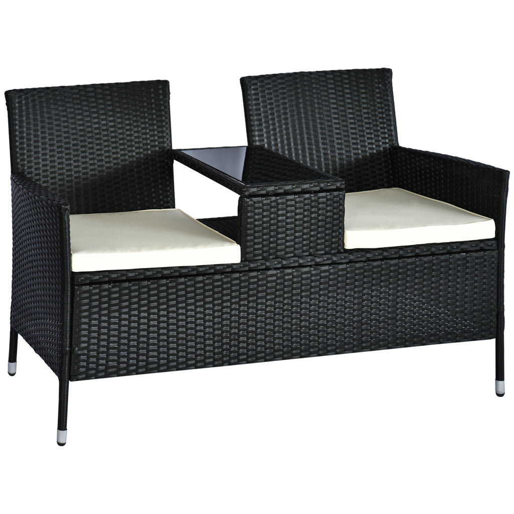 DodiOnline 2 Seater Rattan Campanion Chair Wicker Loveseat Outdoor Patio Armchair with Drink Table Outdoor Furniture - Black