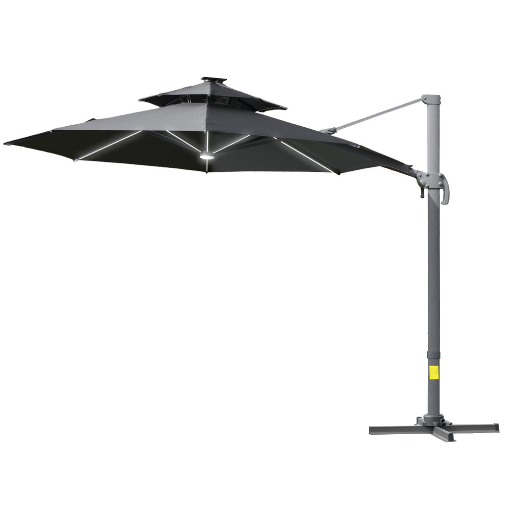 DodiOnline 3m Cantilever Parasol w/ Solar Lights Power Bank Base 360° Spin Dark Grey