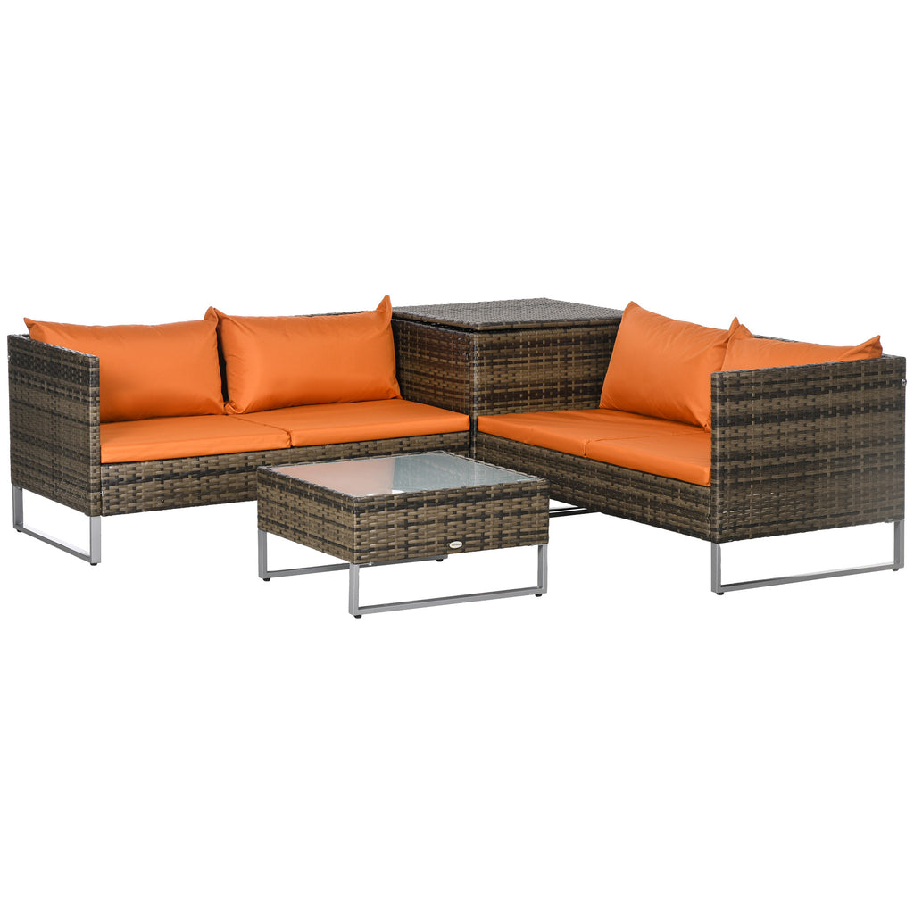 DodiOnline Four-Piece Rattan Sofa Set, with Storage Table - Orange/Brown
