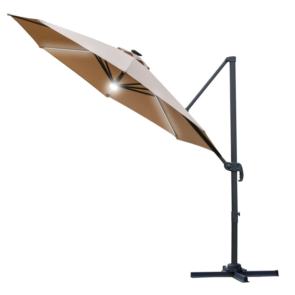 DodiOnline 3(m) LED Cantilever Parasol Outdoor Sun Umbrella w/ Base Solar Lights Brown