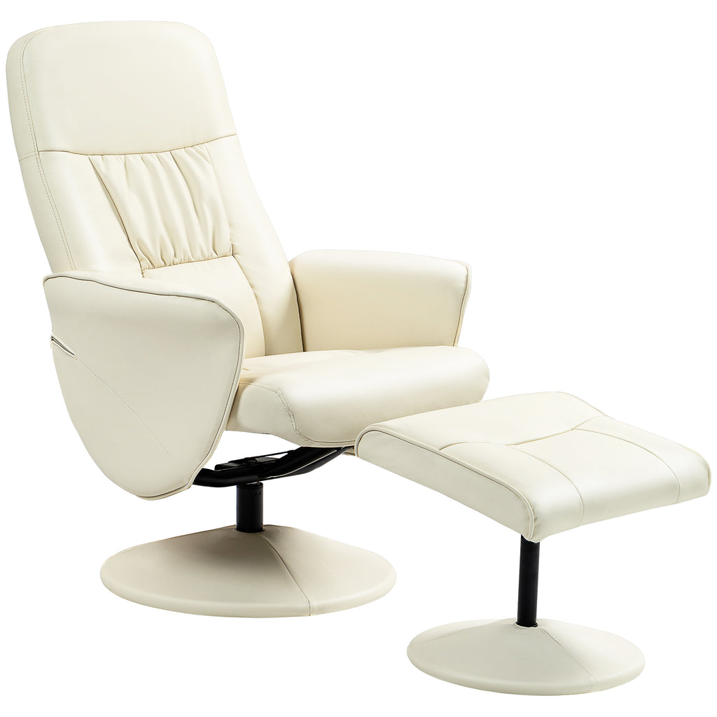 DodiOnline Swivel Recliner Chair with Footstool, PU Leather Armchair and Ottoman with High Back and Round Base for Living Room, Cream White