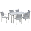 DodiOnline 7 Piece Garden Dining Set, Outdoor Table and 6 Stackable Chairs, Steel Frame, Tempered Glass Top Table, Mesh Seats, Grey