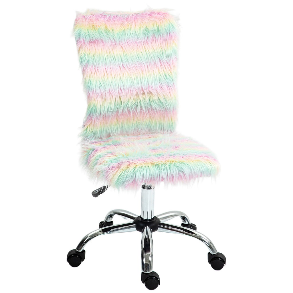 DodiOnline Fluffy Desk Chair, Armless Students Chair, Makeup Vanity Chair with Adjustable Height, Rolling Wheels for Home Study Bedroom, Unicorn Tone