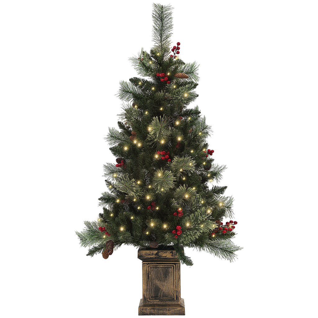 DodiOnline 1.2m/4ft Artificial Christmas Tree with 100 Warm White LED Lights and 8 Modes, Small Xmas Tree with Red Berries, Pine Cones and Retro Base, Green