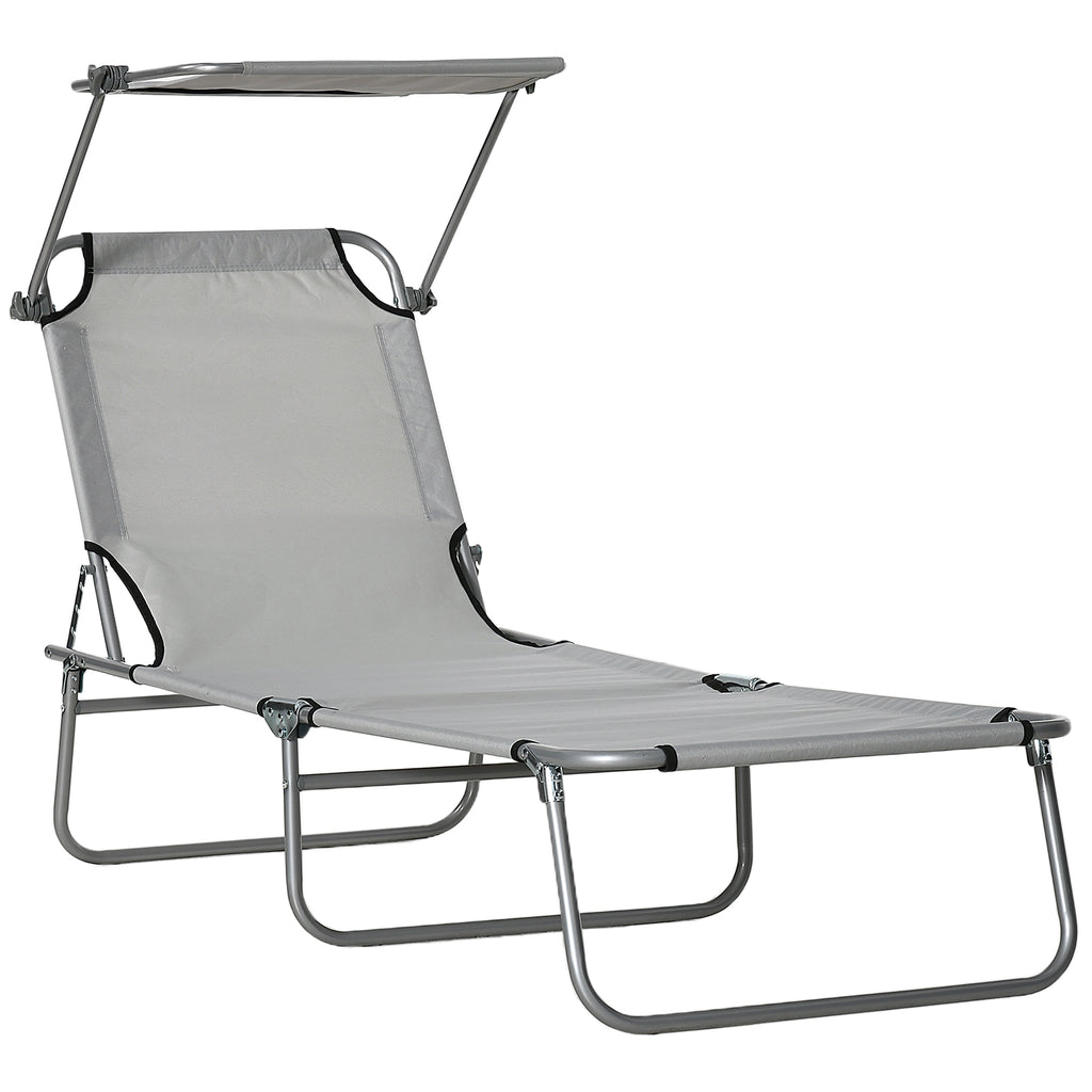 DodiOnline Outdoor Foldable Sun Lounger, 4 Level Adjustable Backrest Reclining Sun Lounger Chair with Angle Adjust Sun Shade Awning for Beach, Garden, Patio, Light Grey