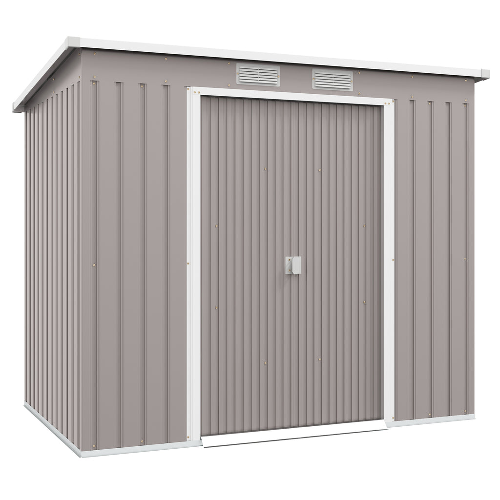DodiOnline Outdoor Lean to Garden Metal Equipment Tool Storage Shed w/ Foundation Kit, Double Door, Vents and Sloped Roof, Grey