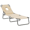 DodiOnline Outdoor Foldable Sun Lounger, 4 Level Adjustable Backrest Reclining Sun Lounger Chair with Pillow and Reading Hole, Beige
