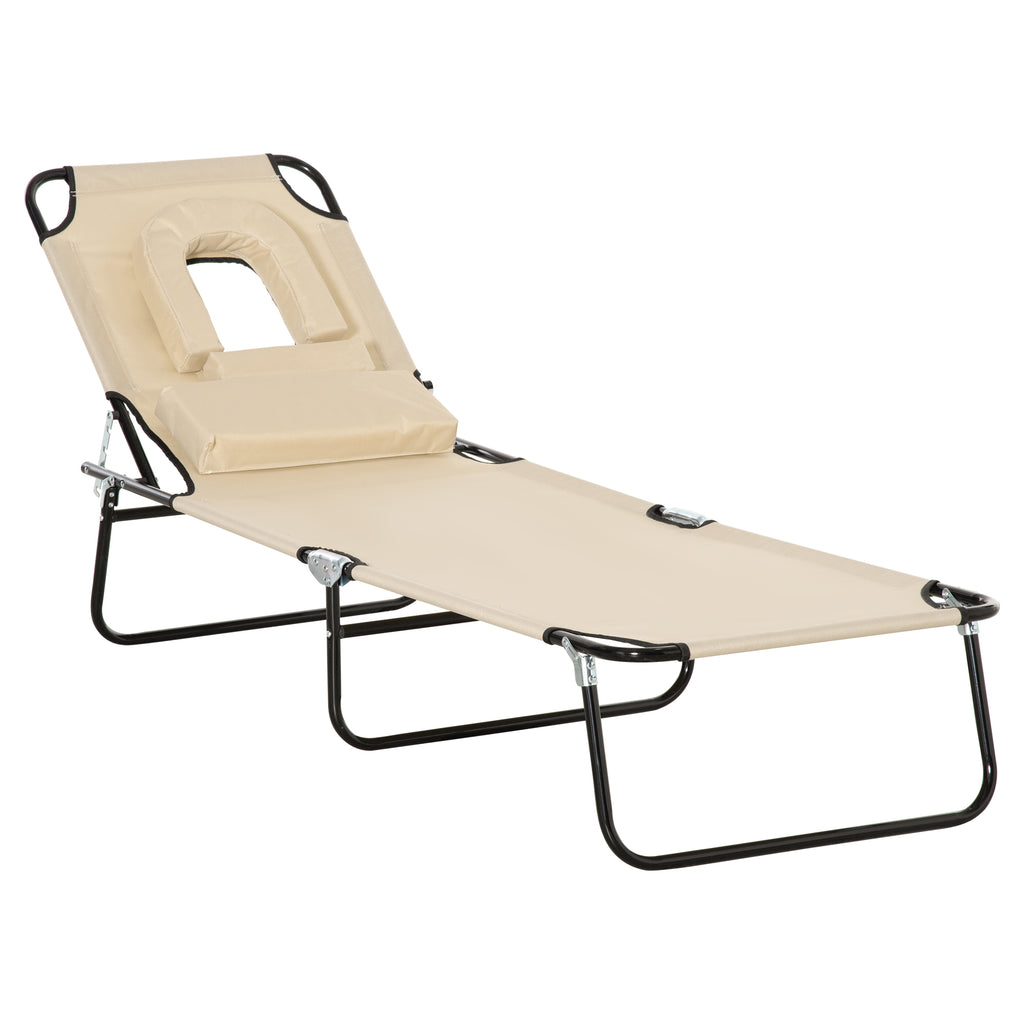 DodiOnline Outdoor Foldable Sun Lounger, 4 Level Adjustable Backrest Reclining Sun Lounger Chair with Pillow and Reading Hole, Beige