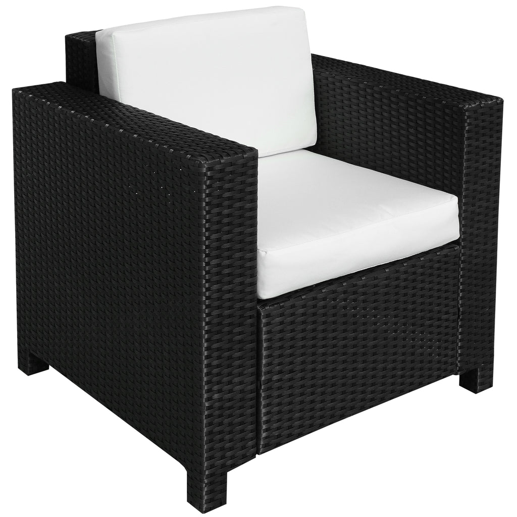 DodiOnline Single Seater Rattan Chair Sofa with 10 cm Thick Padded Cushion, All-Weather PE Wicker Weave Garden Armchair with Armrests, Black