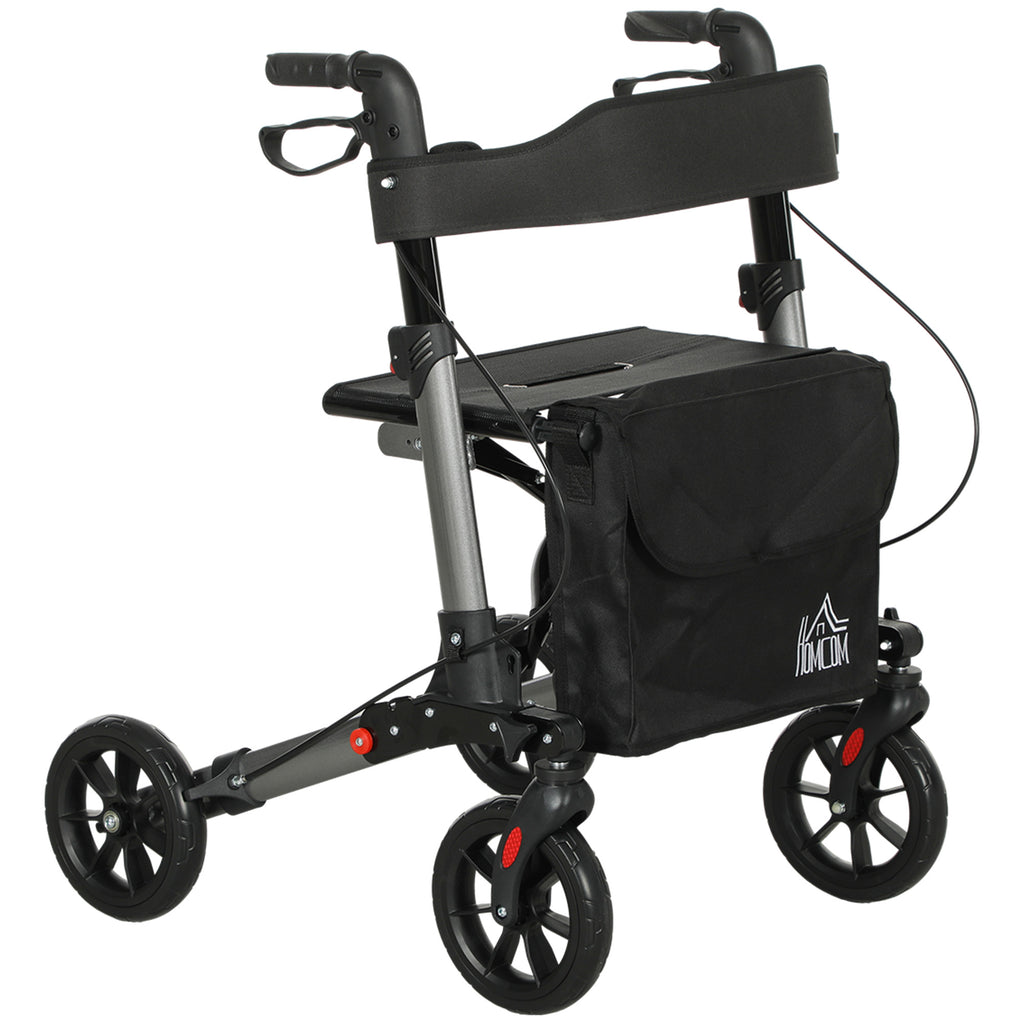DodiOnline 4 Wheel Rollator with Seat and Back, Folding Mobility Walker with Carry Bag, Adjustable Height, Dual Brakes, Cane Holder, Lightweight Aluminium Walking Frame for Seniors and Disabled, Silver