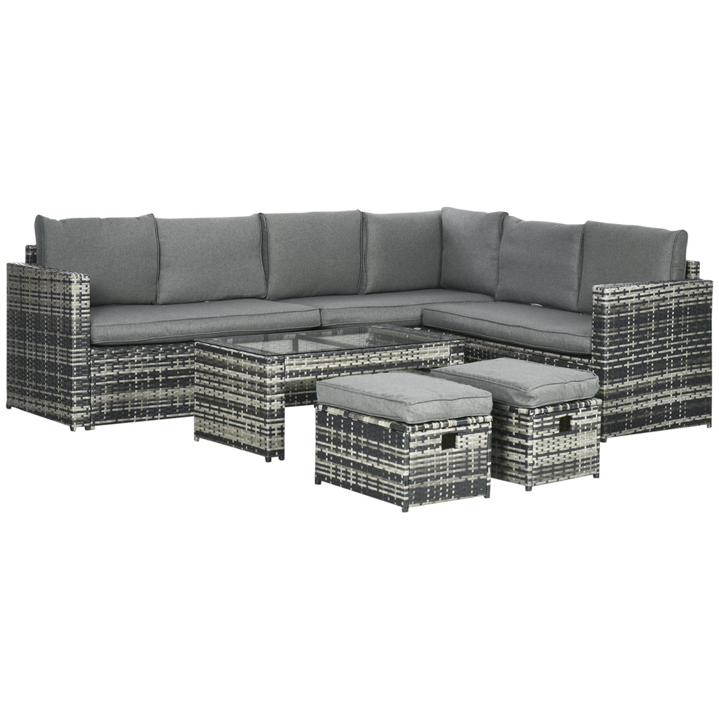 DodiOnline 6 Piece Rattan Outdoor Furniture Set, 8-Seater Outdoor Sofa Sectional with 3 Cushioned Loveseat  2 Footstools Table Grey
