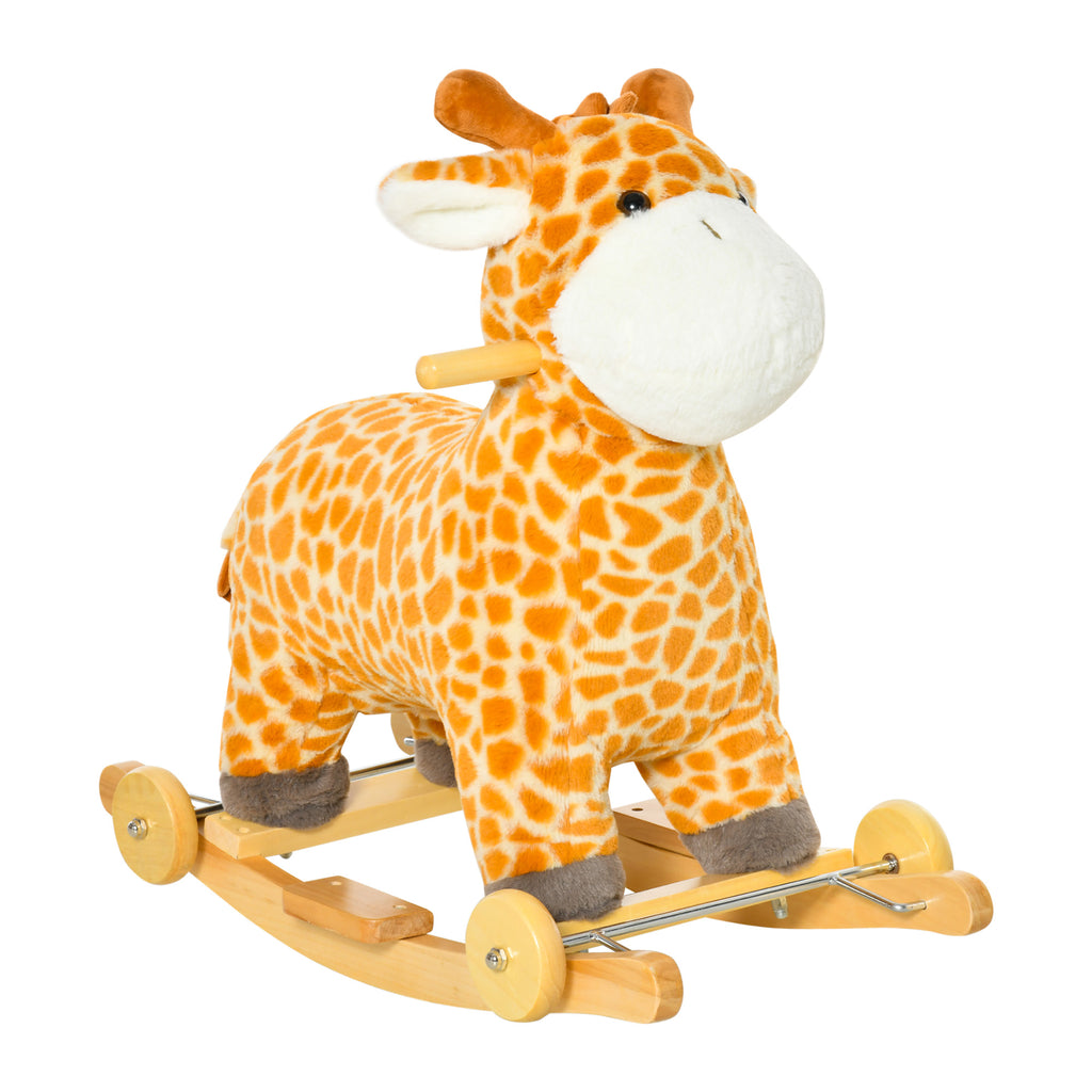 DodiOnline 2 In 1 Kids Todder Rocking Horse Plush Ride On Giraffe Rocker with Wheels Wooden Base Animal Sounds for 3-6 Years