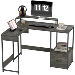 DodiOnline L Shaped Desk, Computer Desk with Liftable Desktop, Industrial Corner Desk with Drawer for A4/Letter Size, Home Office Desk with Monitor Stand for Home Office, Charcoal Grey
