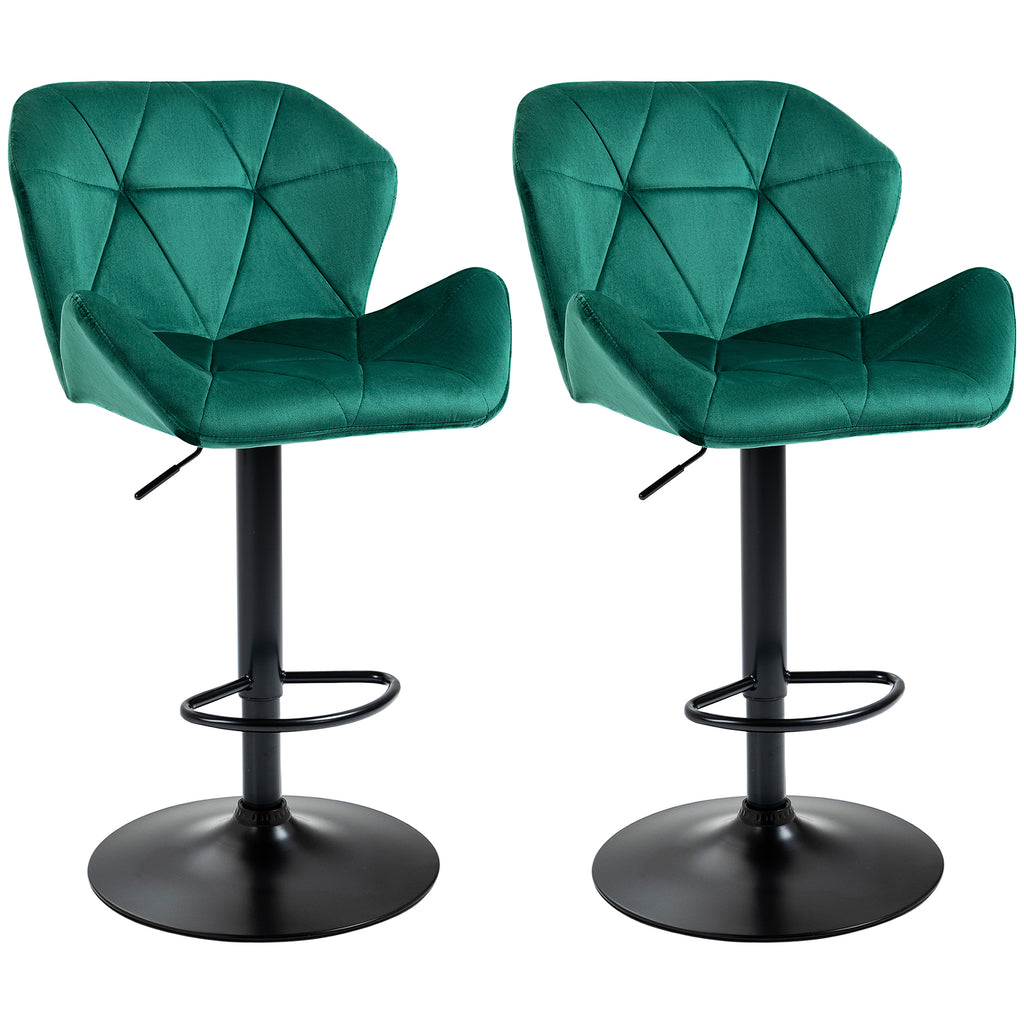 DodiOnline Bar Stools Set Of 2, Luxurious Velvet-Touch Barstools with Metal Frame Footrest Round Base Triangle Indenting Moulded Seat Adjustable Height Swivel Green