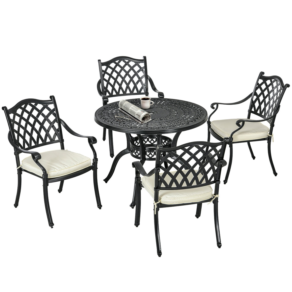 DodiOnline Cast Aluminium 4 Seater Outdoor Dining Set with Cushions Parasol Hole Black